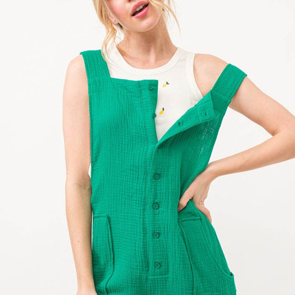 And The Why Button Up Tie Back Sleeveless Romper - MimiStylez