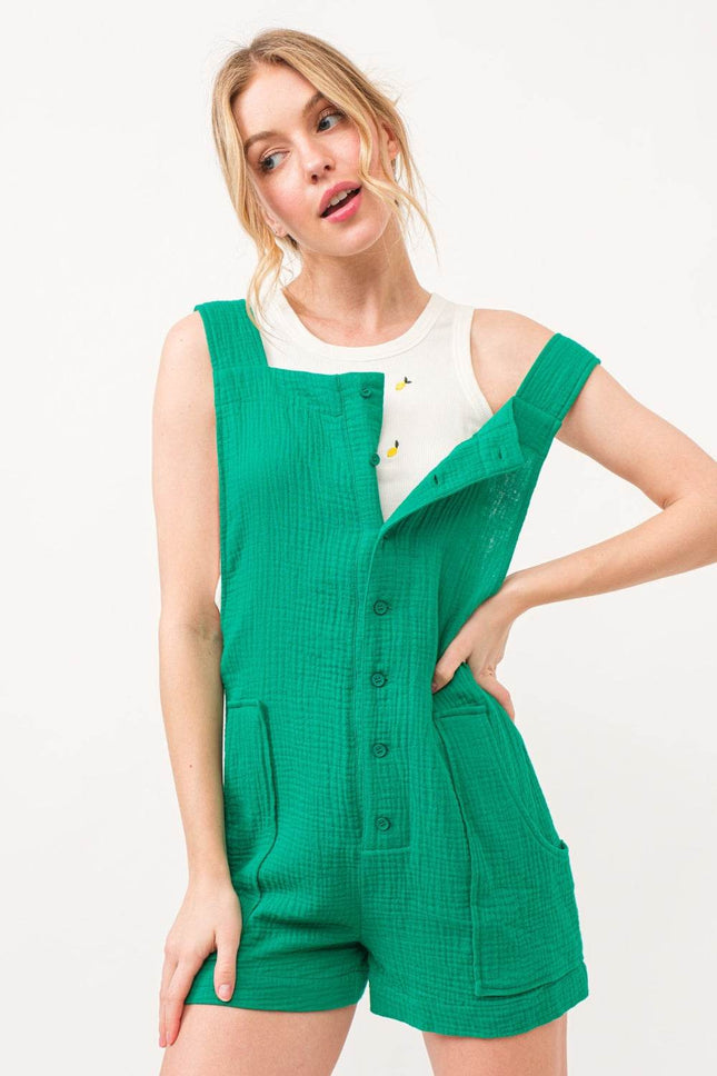 And The Why Button Up Tie Back Sleeveless Romper - MimiStylez