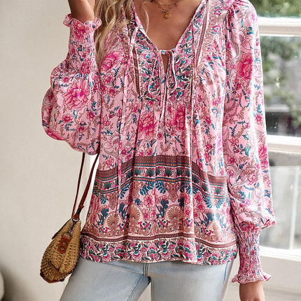 Blusa boêmia com decote em V e manga lanterna