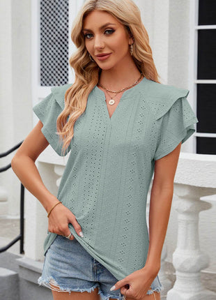 Eyelet Notched Flutter Sleeve T-Shirt - MimiStylez