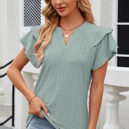 Eyelet Notched Flutter Sleeve T-Shirt - MimiStylez