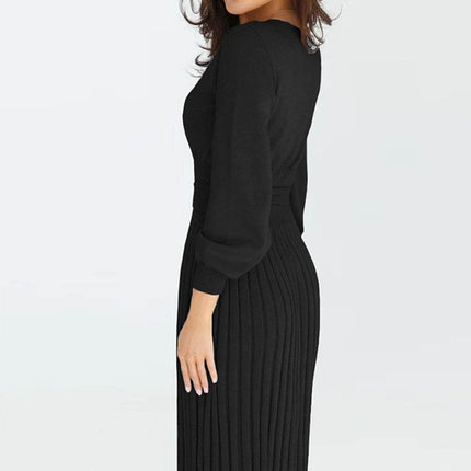 Round Neck Long Sleeve Pleated Sweater Dress - MimiStylez