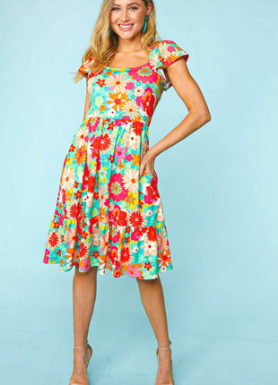 Haptics Floral Square Neck Short Sleeve Dress - MimiStylez