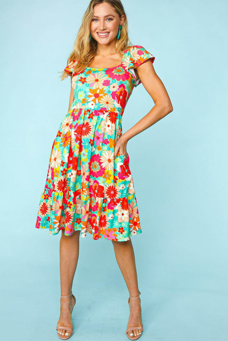 Haptics Floral Square Neck Short Sleeve Dress - MimiStylez