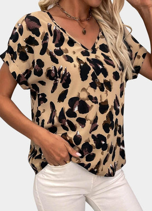 Printed V-Neck Short Sleeve Blouse - MimiStylez