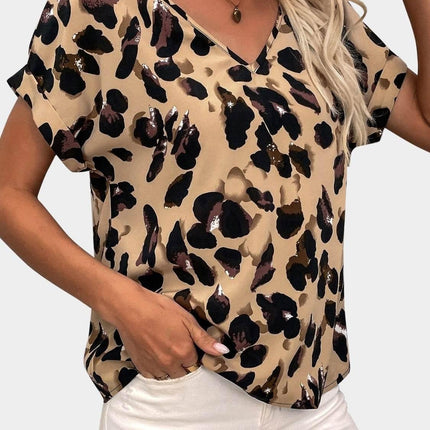Printed V-Neck Short Sleeve Blouse - MimiStylez