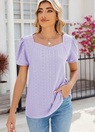 Eyelet Puff Sleeve T-Shirt - MimiStylez