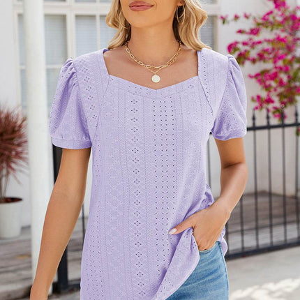 Eyelet Puff Sleeve T-Shirt - MimiStylez