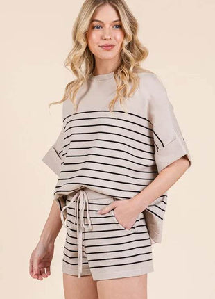 Lime 'N' Chili Striped Folded Half Sleeve Top and Shorts Set - MimiStylez