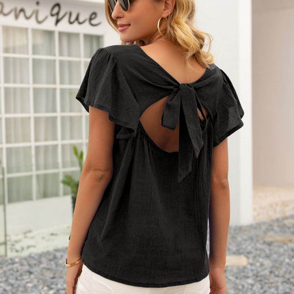 Round Neck Cutout Tie Back Top - MimiStylez
