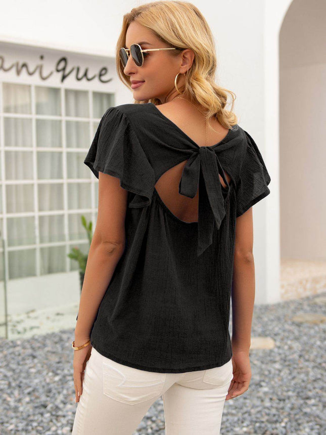 Round Neck Cutout Tie Back Top - MimiStylez