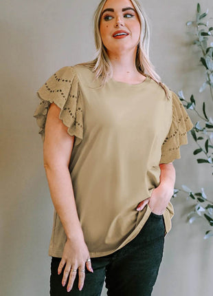 Plus Size Eyelet Round Neck Short Sleeve Blouse - MimiStylez