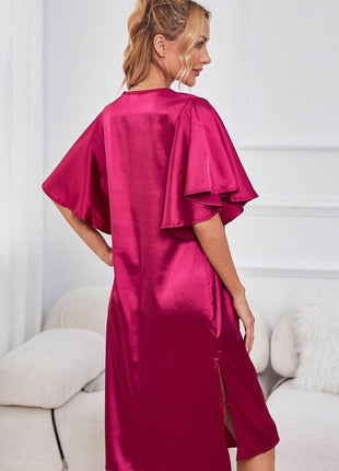 Satin Flutter Sleeve Side Slit V-Neck Night Dress - MimiStylez