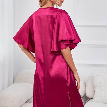 Satin Flutter Sleeve Side Slit V-Neck Night Dress - MimiStylez