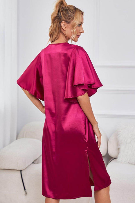 Satin Flutter Sleeve Side Slit V-Neck Night Dress - MimiStylez