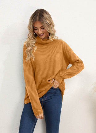 Slit Turtleneck Dropped Shoulder Sweater - MimiStylez
