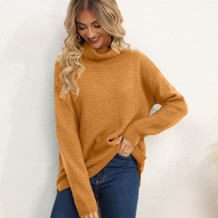 Slit Turtleneck Dropped Shoulder Sweater - MimiStylez