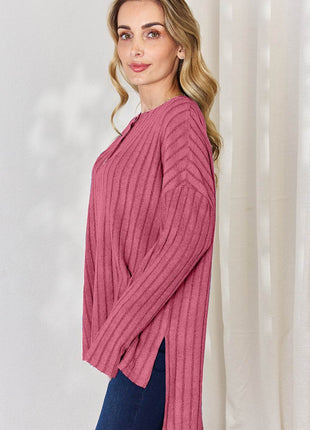 Basic Bae Full Size Ribbed Half Button Long Sleeve High-Low T-Shirt - MimiStylez