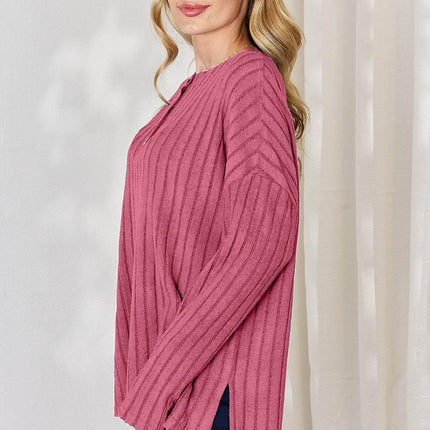 Basic Bae Full Size Ribbed Half Button Long Sleeve High-Low T-Shirt - MimiStylez