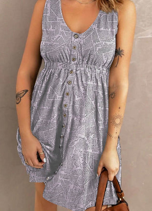 Double Take Printed Scoop Neck Sleeveless Buttoned Magic Dress with Pockets - MimiStylez