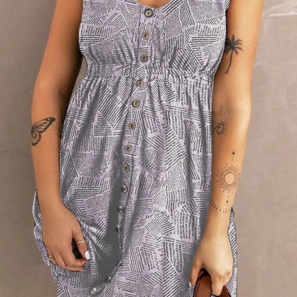 Double Take Printed Scoop Neck Sleeveless Buttoned Magic Dress with Pockets - MimiStylez