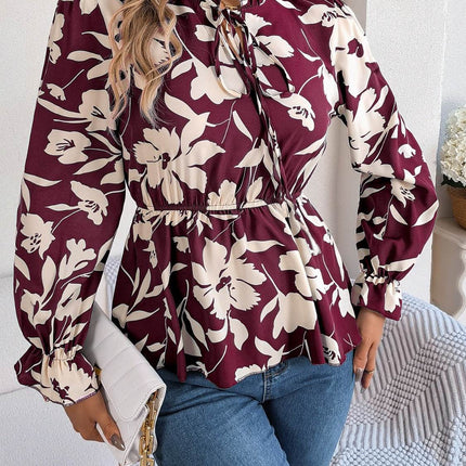 Printed Tie Neck Flounce Sleeve Blouse - MimiStylez