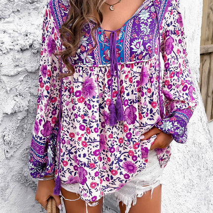 Printed Tie Neck Long Sleeve Blouse - MimiStylez