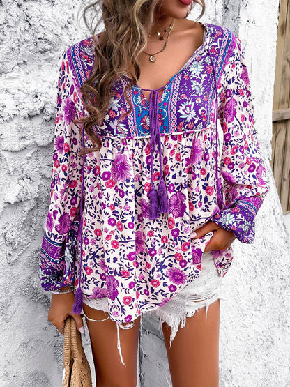 Printed Tie Neck Long Sleeve Blouse - MimiStylez