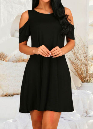 Round Neck Cold Shoulder Short Sleeve Dress - MimiStylez
