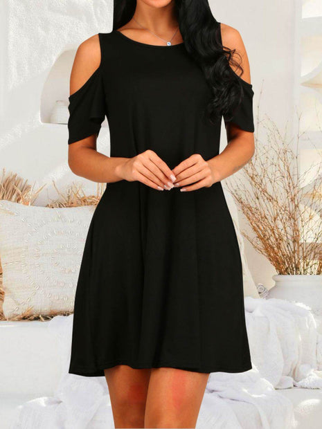 Round Neck Cold Shoulder Short Sleeve Dress - MimiStylez