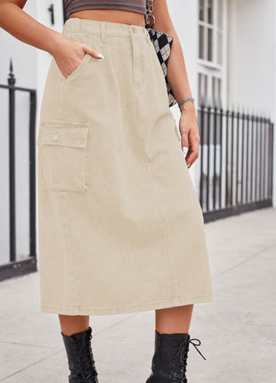 Slit Buttoned Denim Skirt with Pockets - MimiStylez