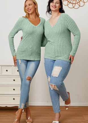 Basic Bae Full Size Ribbed V-Neck Long Sleeve T-Shirt - MimiStylez