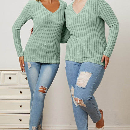 Basic Bae Full Size Ribbed V-Neck Long Sleeve T-Shirt - MimiStylez