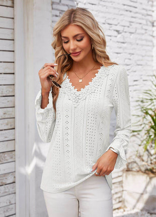 Applique V-Neck Flounce Sleeve T-Shirt - MimiStylez