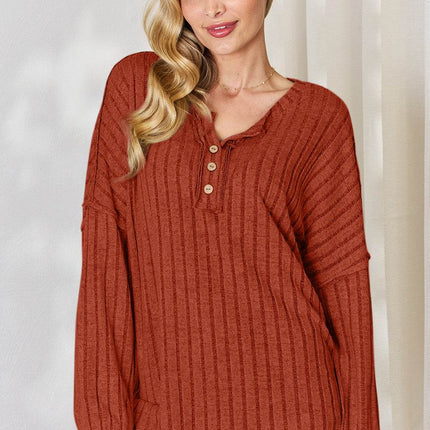 Basic Bae Full Size Ribbed Half Button Long Sleeve T-Shirt - MimiStylez