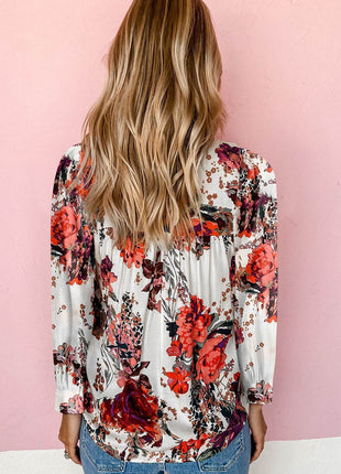 Floral Print Round Neck Long Sleeve Blouse - MimiStylez