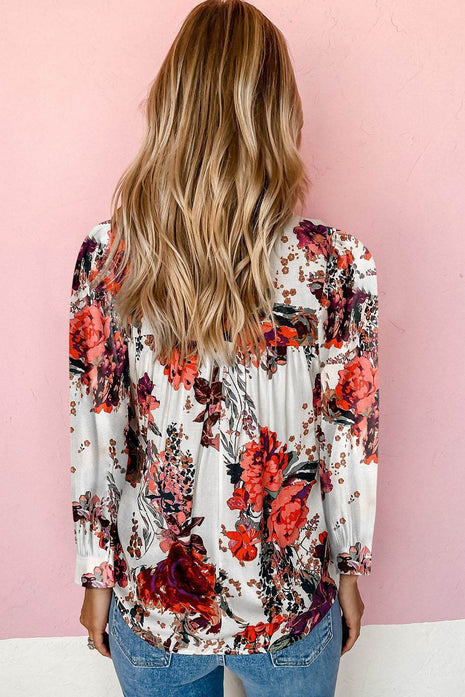 Floral Print Round Neck Long Sleeve Blouse - MimiStylez