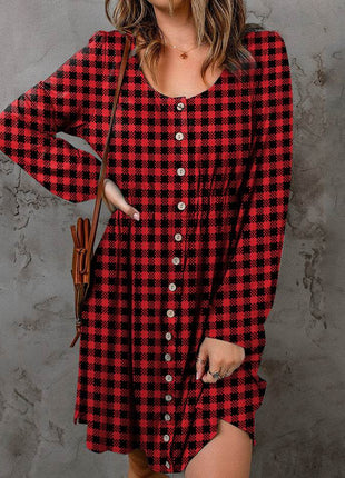 Double Take Full Size Plaid Round Neck Long Sleeve Magic Dress - MimiStylez