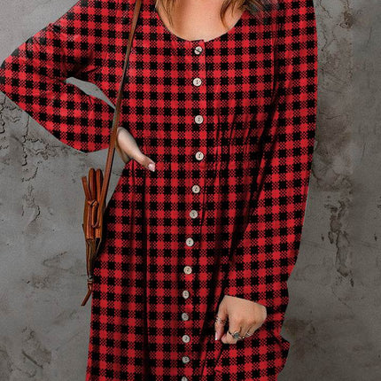 Double Take Full Size Plaid Round Neck Long Sleeve Magic Dress - MimiStylez
