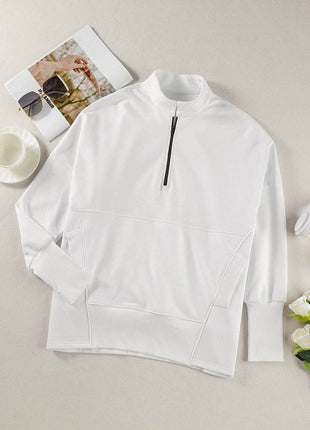 Half Zip Pocketed Dropped Shoulder Sweatshirt - MimiStylez