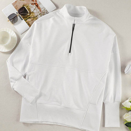 Half Zip Pocketed Dropped Shoulder Sweatshirt - MimiStylez