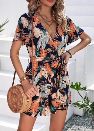 Botanical Print Surplice Neck Tie Waist Romper - MimiStylez