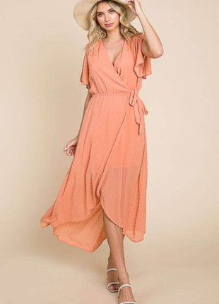 Culture Code Full Size Swiss Dot Tied Slit Short Sleeve Dress - MimiStylez