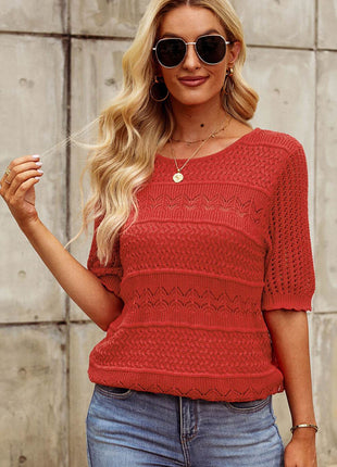 Openwork Round Neck Half Sleeve Knit Top - MimiStylez