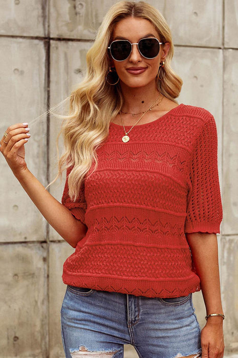 Openwork Round Neck Half Sleeve Knit Top - MimiStylez
