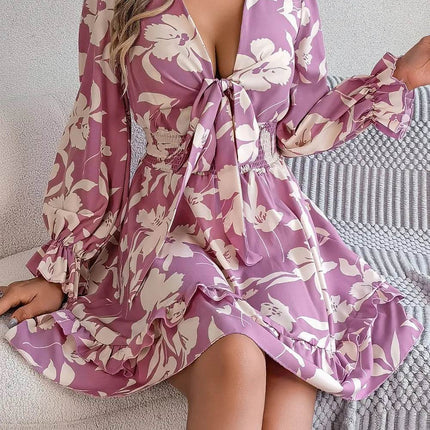 Tied Ruffled Printed Long Sleeve Dress - MimiStylez