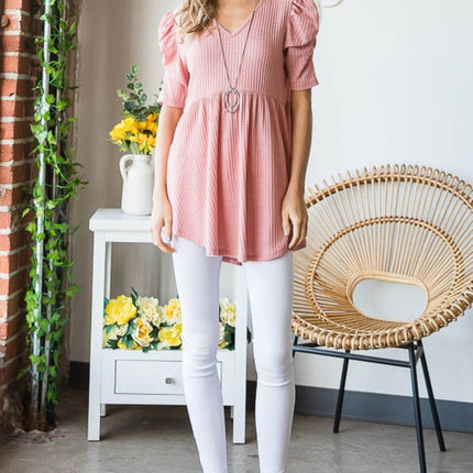 Heimish Full Size Waffle Knit V-Neck Babydoll Top - MimiStylez