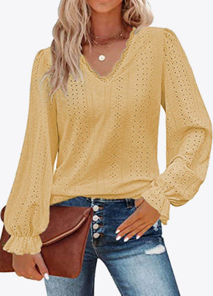 Eyelet V-Neck Flounce Sleeve Blouse - MimiStylez