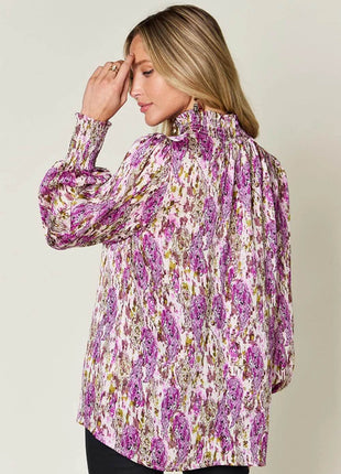 Double Take Full Size Printed Smocked Long Sleeve Blouse - MimiStylez