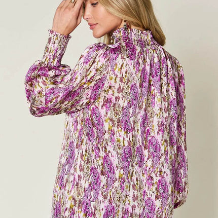 Double Take Full Size Printed Smocked Long Sleeve Blouse - MimiStylez